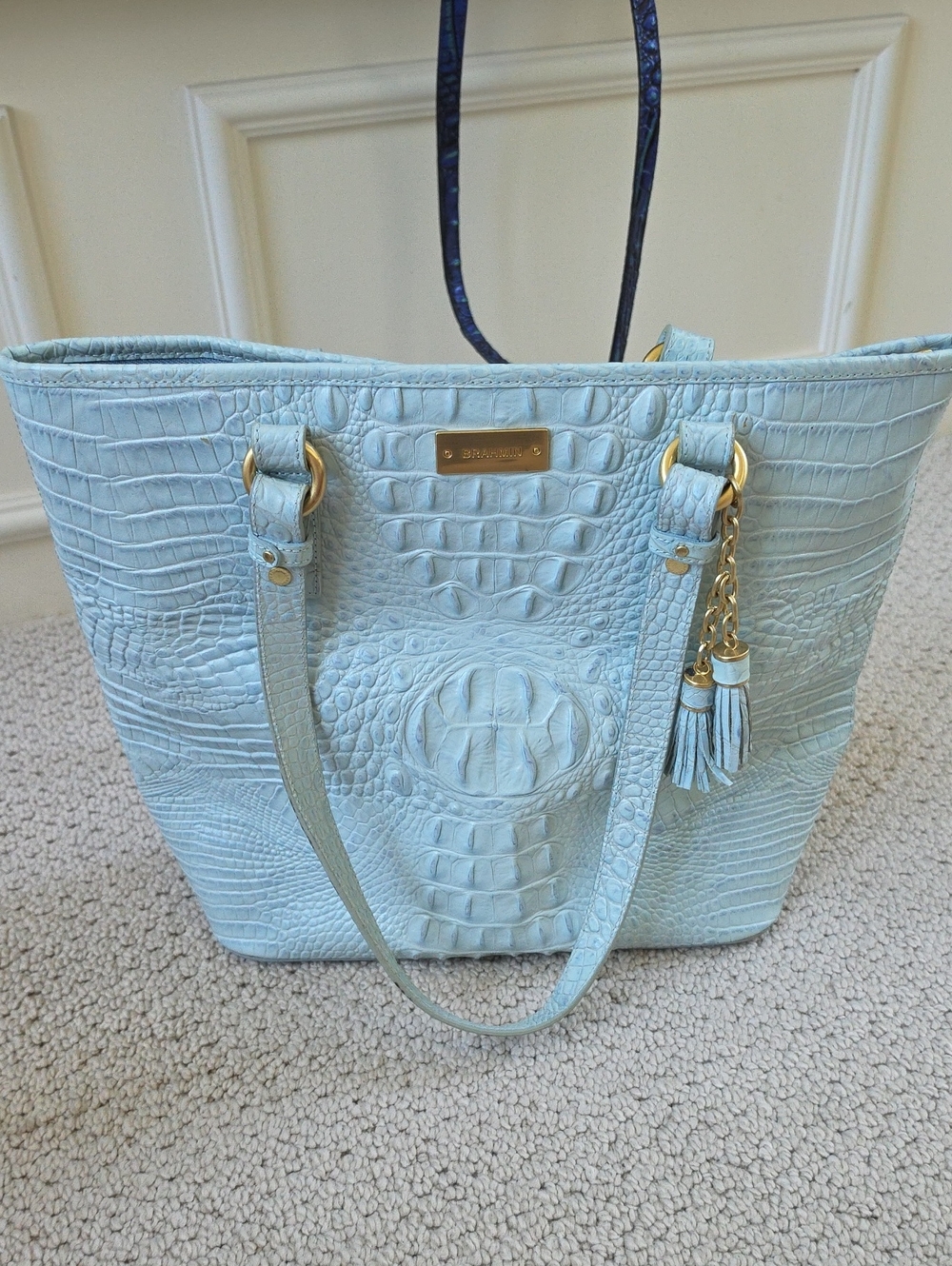 Brahmin Pale Blue Croc-Embossed Leather Tote with Tassel